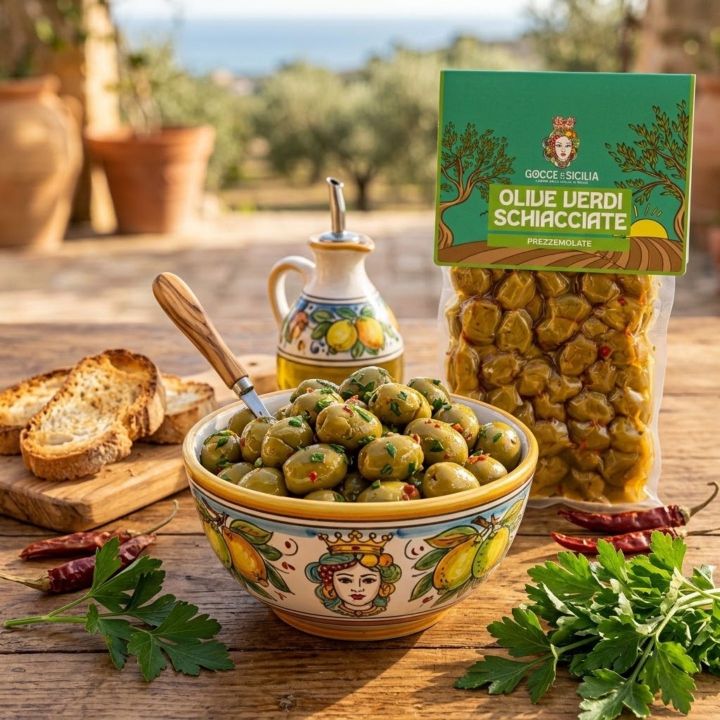 Olive verdi schiacciate prezzemolate, conservate in buste sottovuoto da 300g