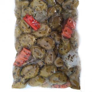 Crushed Sicilian Antipasto olives with carrots and pickles