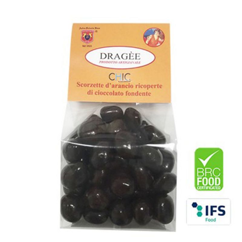 Dragee Orange peel covered with fine dark chocolate