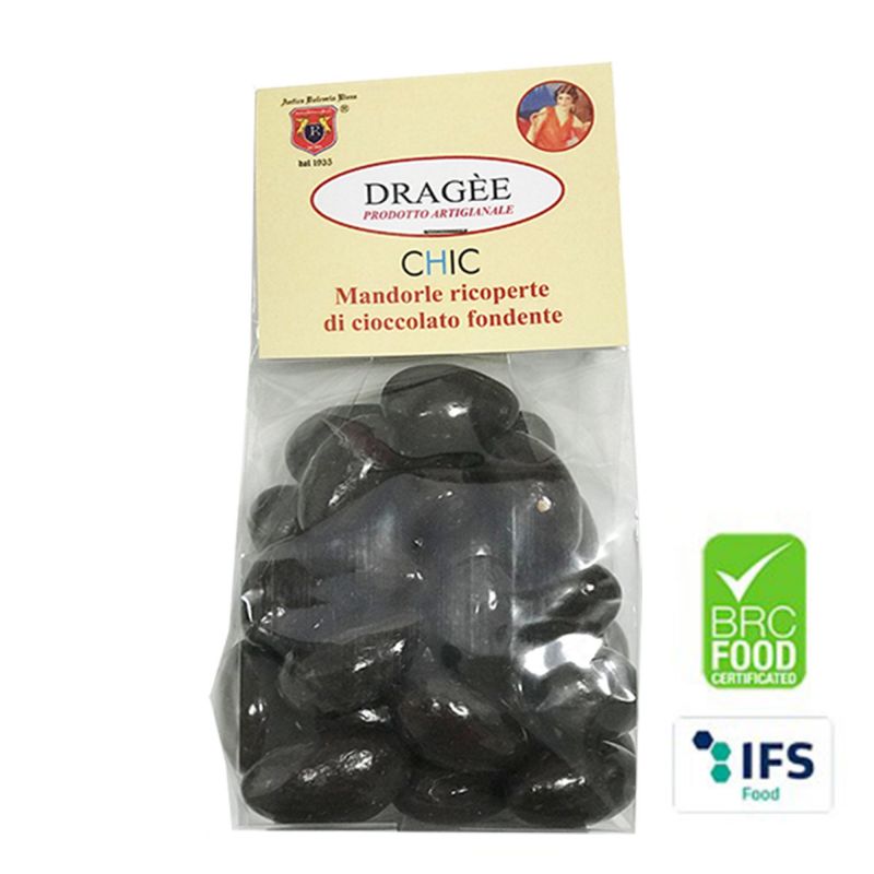 Dragee almonds covered with dark chocolate