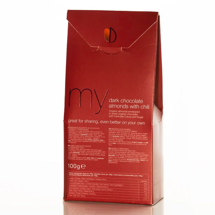 Toasted almonds covered with dark chocolate and chilli 100 g - BIO