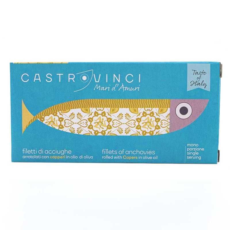 Rolled Anchovy Fillets with Capers in Olive Oil, 48g tin