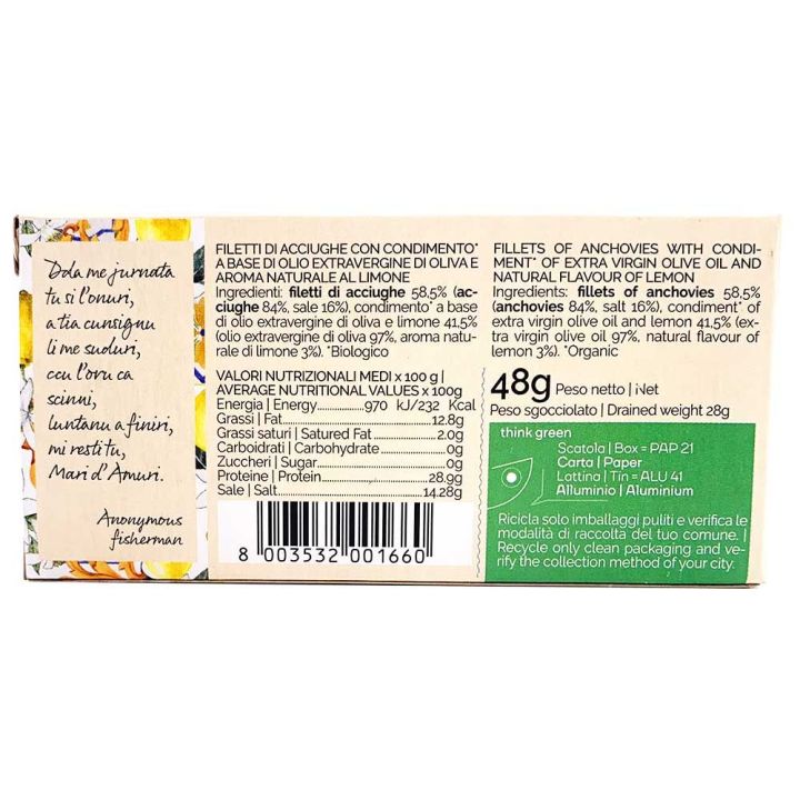 Filetti di acciughe limited edition, confezionate manualmente, con condimento Biologico con aroma di limone