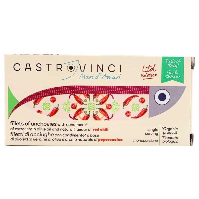Filetti di Acciughe al peperoncino, con olio extravergine d'oliva in latta da 48g