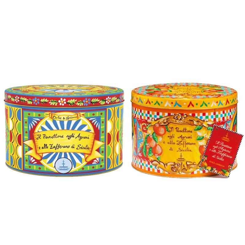 Panettone with Sicilian Citrus fruits and Saffron in a collection tin By D&G. 1 kg