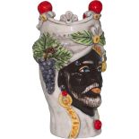 Testa di Moro in Ceramica Siciliana - Uomo Moro con Corona Rossa decorato con Uva e Limoni