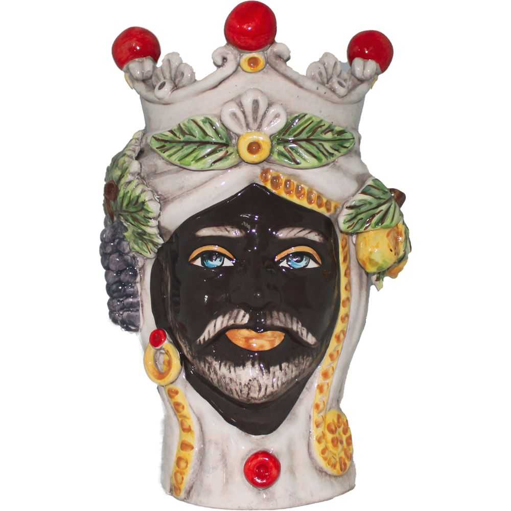 Moor's Head in Sicilian Ceramics - Dark Man with Red Crown decorated with Grapes and Lemons Moor's Head in Sicilian Ceramics - Dark Man with Red Crown decorated with Grapes and Lemons
