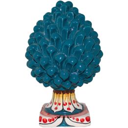 Blue Pine Cone with Yellow and Red Decorated Base handmade in Caltagirone Ceramic