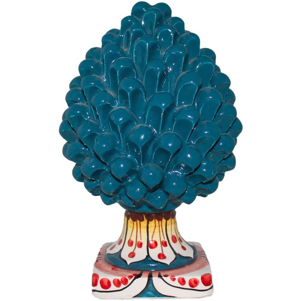 Blue Pine Cone with Yellow and Red Decorated Base handmade in Caltagirone Ceramic Blue Pine Cone with Yellow and Red Decorated Base handmade in Caltagirone Ceramic