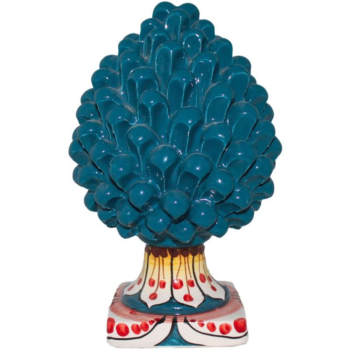 Blue Pine Cone with Yellow and Red Decorated Base handmade in Caltagirone Ceramic
