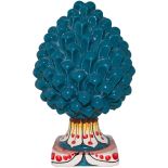 Blue Pine Cone with Yellow and Red Decorated Base handmade in Caltagirone Ceramic