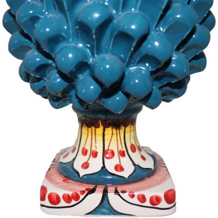 Blue Pine Cone with Yellow and Red Decorated Base handmade in Caltagirone Ceramic
