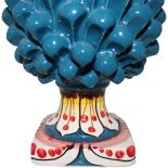 Blue Pine Cone with Yellow and Red Decorated Base handmade in Caltagirone Ceramic