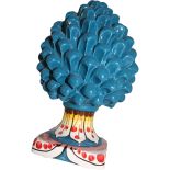 Blue Pine Cone with Yellow and Red Decorated Base handmade in Caltagirone Ceramic