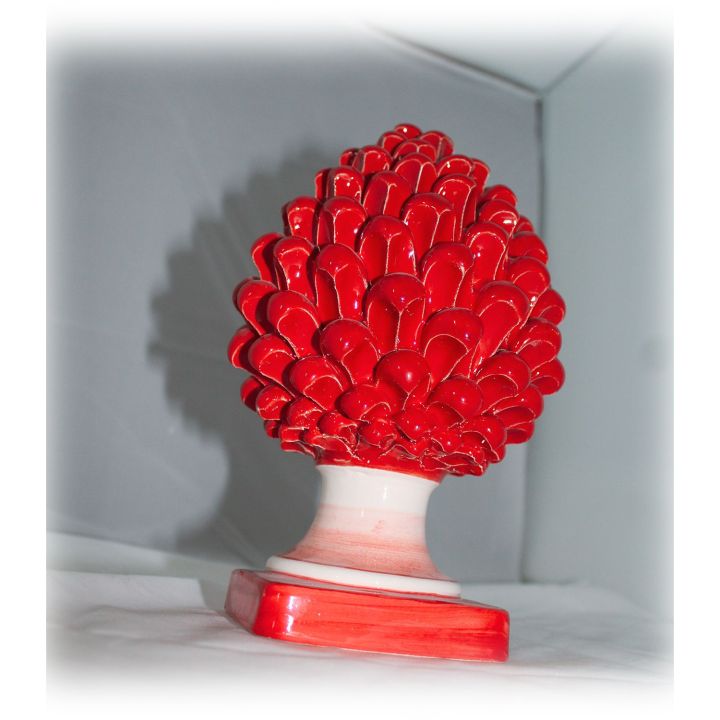 Pine cone with red square base in Caltagirone ceramic - Height 25 cm
