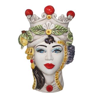 Testa Donna Bianca con Corona Rossa in Ceramica Siciliana - Altezza 28 cm