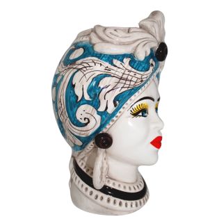 Caltagirone ceramic blue woman head vase holder