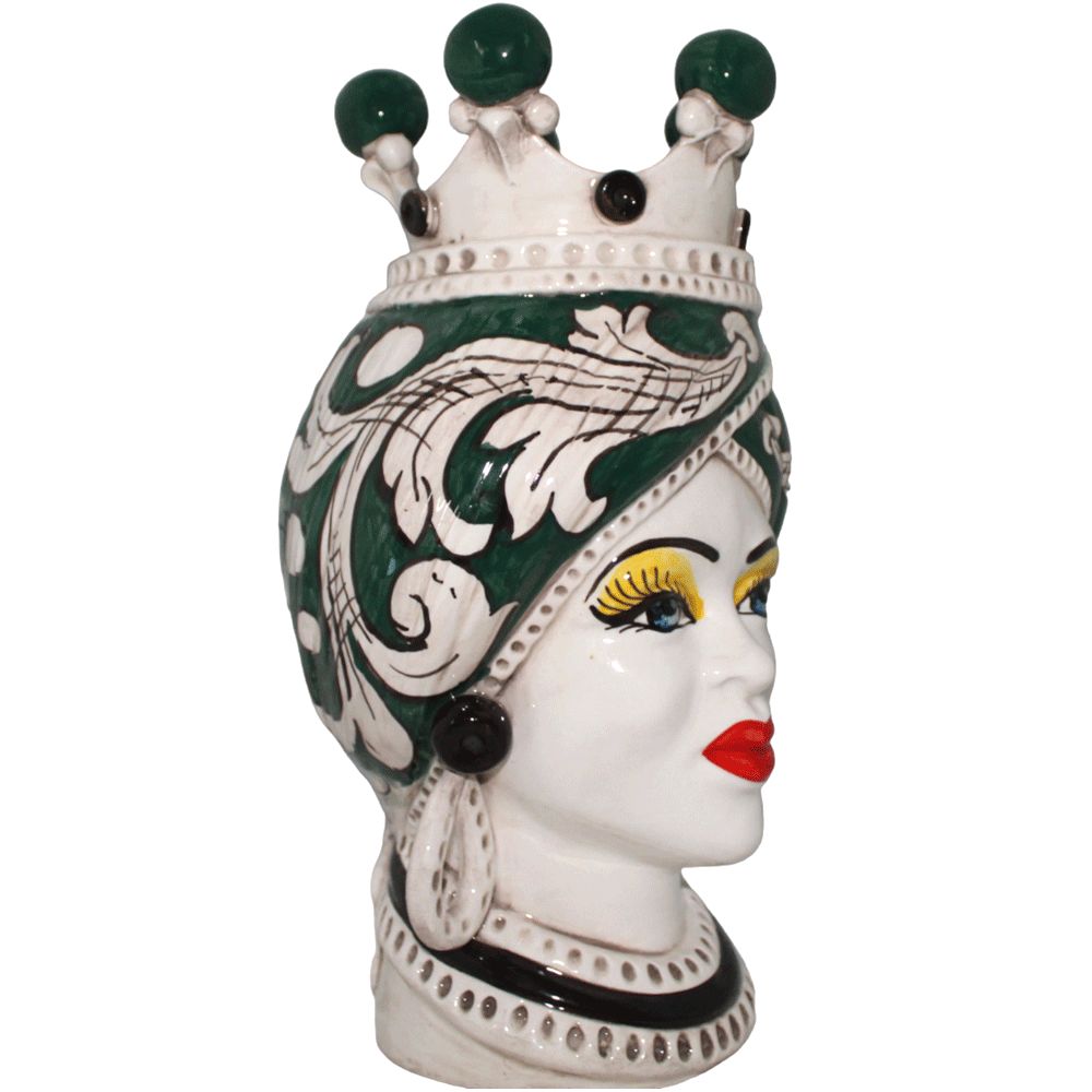 Ceramiche di Caltagirone siciliane, testa di moro donna con decoro verde alta 33 centimetri