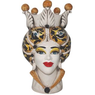 Testa di Moro della ceramica di Caltagirone, decoro regina nero e oro alta 33 centimetri
