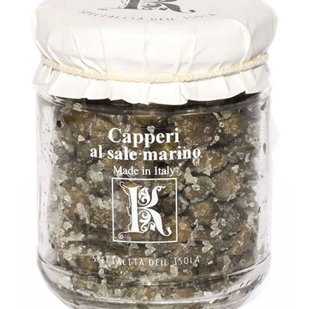 Capers in salt in jars, Pantelleria capers