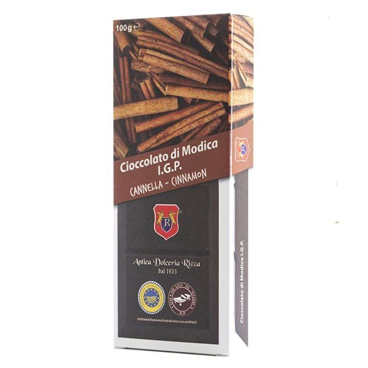 Bar of 100 grams of Modica Chocolate I.G.P. with cinnamon