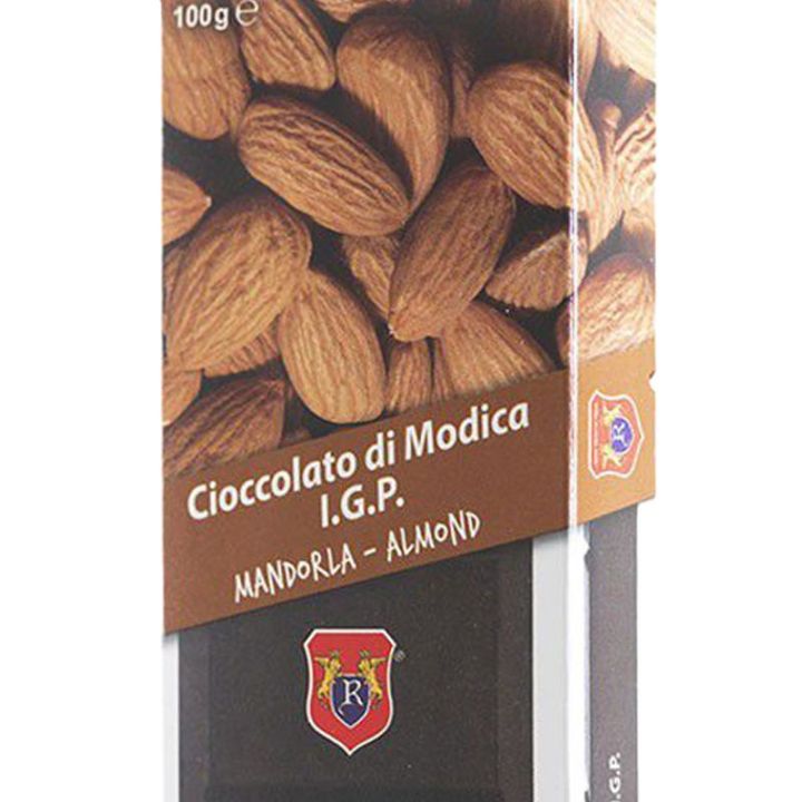 Modica chocolate I.G.P. with Almond. Bar of 100 grams.