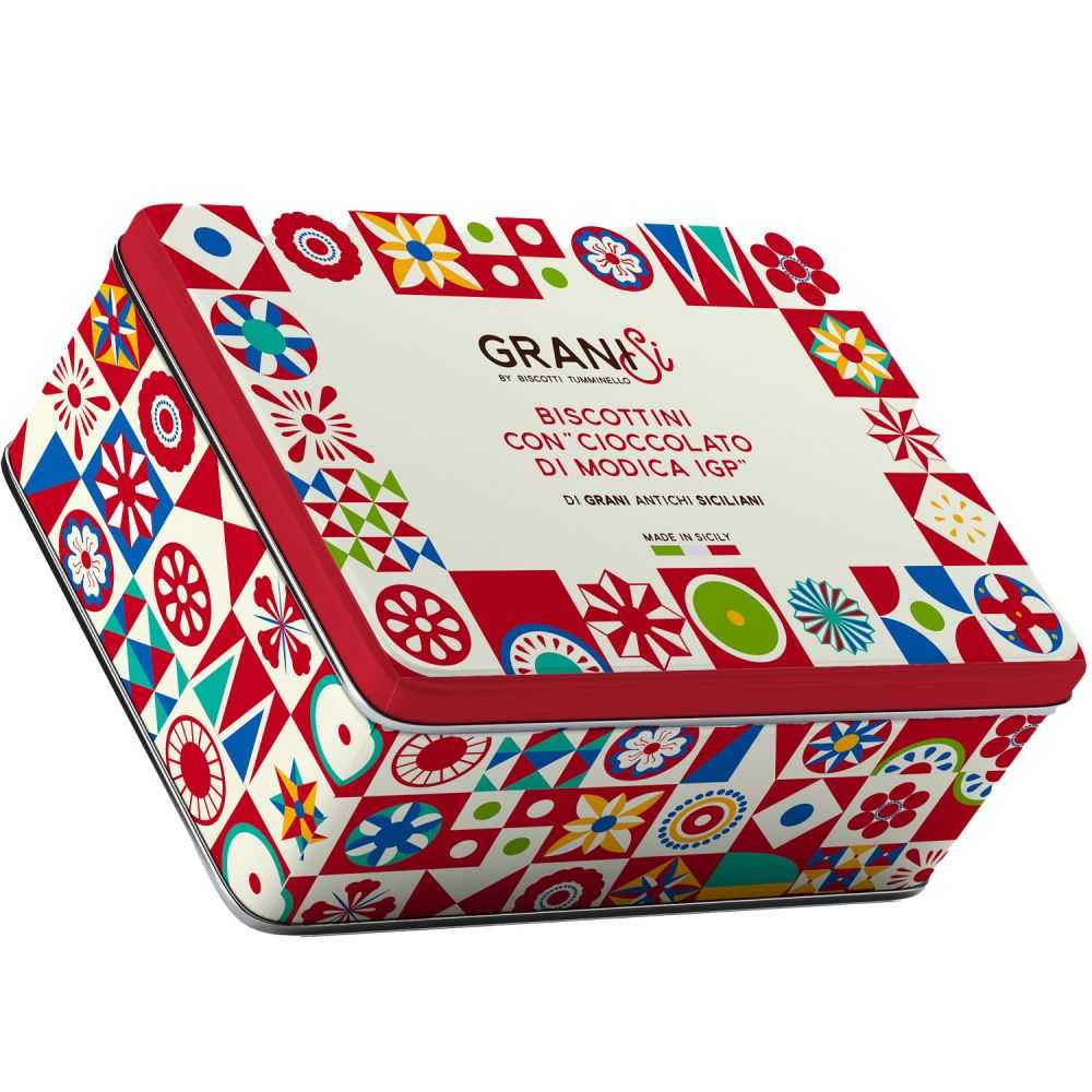 Biscuits with Chocolate of Modica PGI in an elegant Tumminello decorated tin
