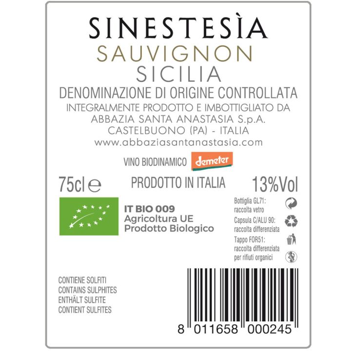 White wine BIO Abbazia Santa Anastasia Sinestesia 2022 - Sicily DOC