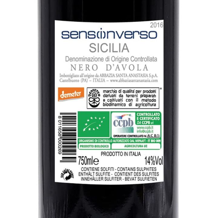 Biodynamic red wine Abbazia Santa Anastasia Sensinverso Nero d'Avola - Sicily DOC