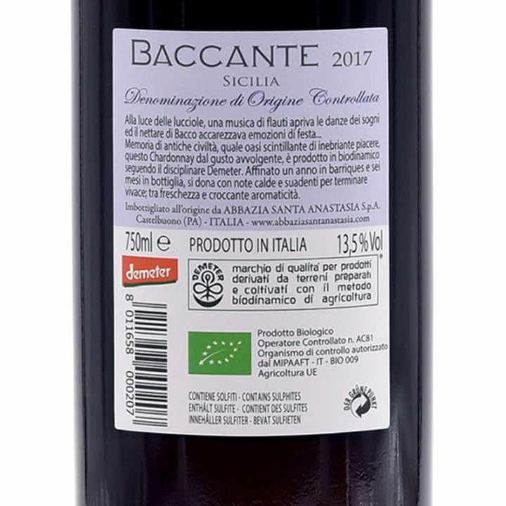 Baccante Biodynamic white wine Abbazia Santa Anastasia Chardonnay