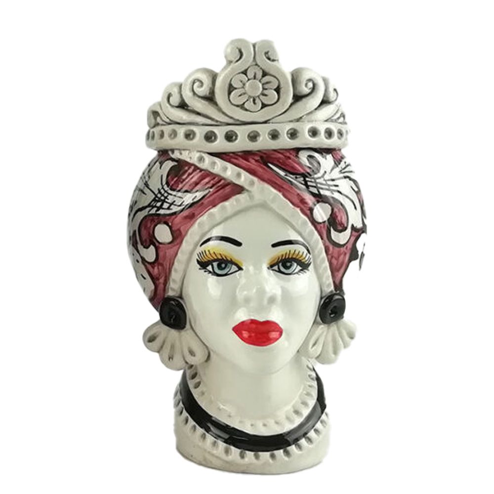 Testa di Moro Donna Bianca decorata in Bordeaux in Ceramica di Caltagirone