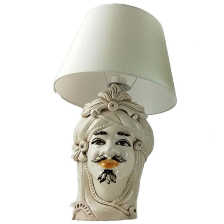 Moorish Head White Man 30 cm with lamp - Caltagirone ceramics