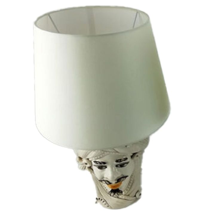 Moorish Head White Man 30 cm with lamp - Caltagirone ceramics
