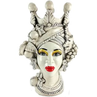 Antiqued Woman Head White Empire Crown 45 cm decorated with Fruit - Moorish Heads in Caltagirone Ceramic