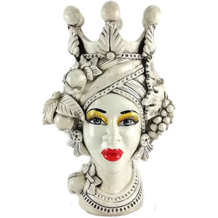 Testa di Moro White Woman Antiqued with 45 cm Crown - Caltagirone Ceramics