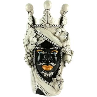 Antiqued Moorish Man Head Empire Crown 45 cm decorated with Fruit - Moorish Heads in Caltagirone Ceramic
