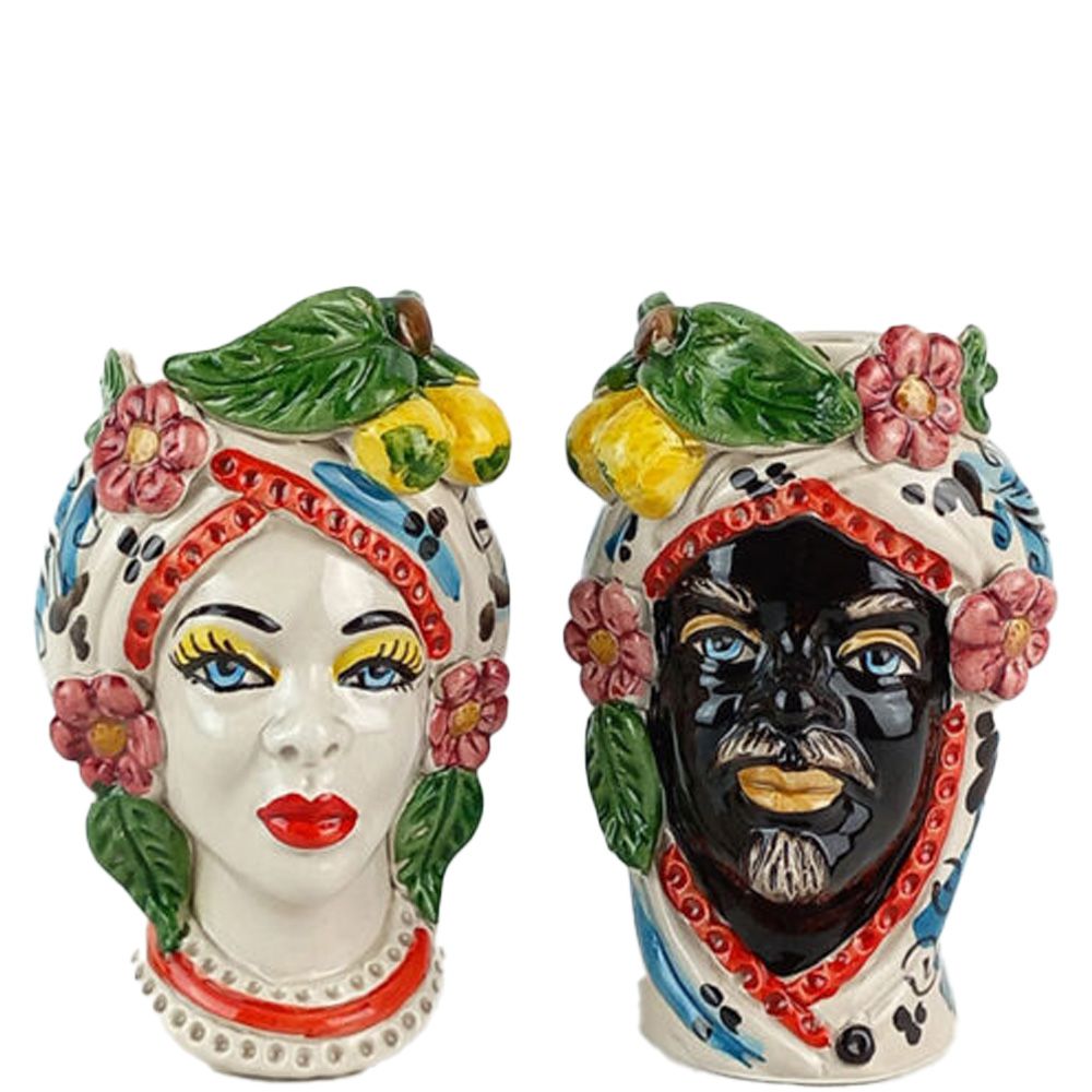 Teste di Moro decoro Blu con Frutta e Limoni da 13 cm - Ceramica Siciliana di Caltagirone