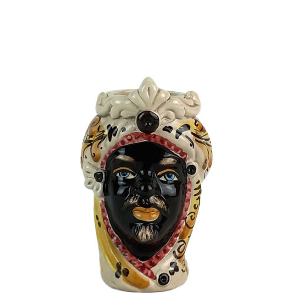 Moorish Heads 13 cm Orange with Moor King and Frieze - Sicilian Ceramics of Caltagirone