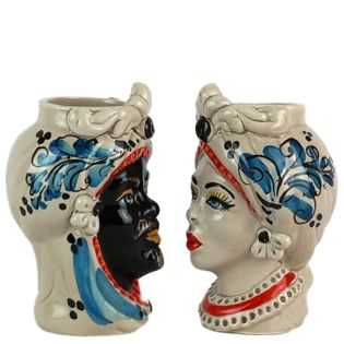 Teste di Moro 13 cm Blu e Rosse con Fregio - Ceramica Siciliana di Caltagirone