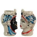 Teste di Moro 13 cm Blu e Rosse con Fregio - Ceramica Siciliana di Caltagirone