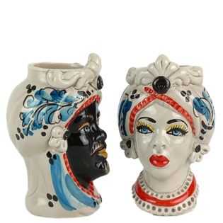 Teste di Moro 13 cm Blu e Rosse con Fregio - Ceramica Siciliana di Caltagirone