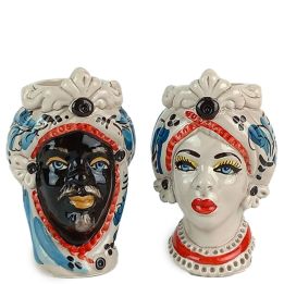 Teste di Moro 13 cm Blu e Rosse con Fregio - Ceramica Siciliana di Caltagirone