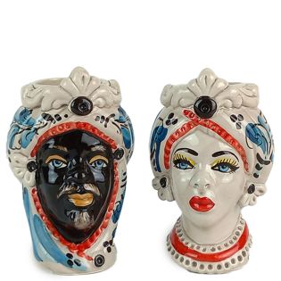 Red and Blue Moorish Head with Moor King and Frieze 13 cm - Sicilian Ceramics of Caltagirone