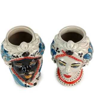 Teste di Moro 13 cm Blu e Rosse con Fregio - Ceramica Siciliana di Caltagirone