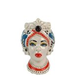 Teste di Moro 13 cm Blu e Rosse con Fregio - Ceramica Siciliana di Caltagirone