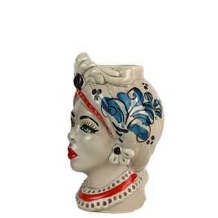 Teste di Moro 13 cm Blu e Rosse con Fregio - Ceramica Siciliana di Caltagirone
