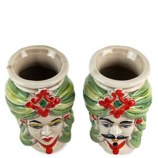 Teste di Moro da 13 cm con Coclea Verde e Diadema Rosso in Ceramica