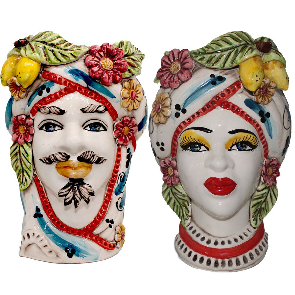 Testa di Moro Uomo Bianca decorata con Limoni e Fiori in Ceramica di Caltagirone