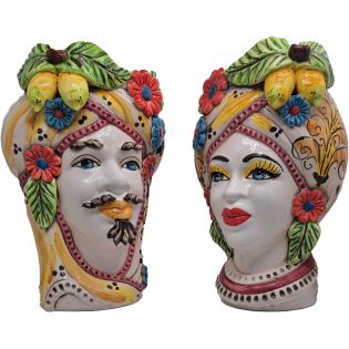 White Moorish Heads with Bordeaux and Yellow decorations with Lemons and Flowers - Sicilian Caltagirone Ceramic 30 cm