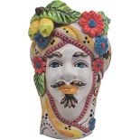Teste di Moro decorate in Giallo e Bordeaux con Limoni e Fiori - Ceramica di Caltagirone